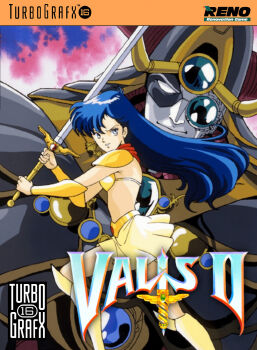 1980s_(style) armor asou_yuuko bad_tag bikini_armor blue_hair cover dynamic_pose game_console greatsword high_boots highres holding holding_sword holding_weapon long_hair looking_back mecha miniskirt monocle mugen_senshi_valis oldschool pc_engine retro_artstyle robot shoulder_armor skirt super_robot sword telenet_japan valis valis_sword very_long_hair weapon
