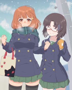 Rule 34 | 2girls, absurdres, ada badguy, bag, black hair, black thighhighs, blue coat, blue jacket, blunt bangs, bob cut, brown hair, buttons, carrying, cat, character request, checkered clothes, checkered scarf, clenched hands, closed eyes, closed mouth, cloud, cloudy sky, coat, commentary, commission, day, determined, double-breasted, girls und panzer, girls und panzer saishuushou, glasses, gloves, green scarf, green skirt, highres, jacket, long hair, looking at viewer, miniskirt, mittens, multiple girls, ooarai school uniform, orange eyes, orange gloves, orange hair, outdoors, paw print, pleated skirt, puff of air, rectangular eyewear, red-framed eyewear, sailor collar, scarf, school uniform, semi-rimless eyewear, serafuku, shopping bag, short hair, skeb commission, skirt, sky, smile, snowing, sparkle, sweat, takebe saori, thighhighs, tote bag, under-rim eyewear, utility pole, winter, winter uniform, yellow mittens