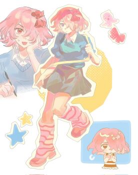 1girl almifiiiii alternate_costume bag black_skirt blush bow brown_eyes chibi closed_mouth collared_shirt commentary dr._stone dress full_body hair_bow hair_ornament hair_over_one_eye hairband hand_on_own_cheek hand_on_own_face highres holding holding_pen holding_pencil holding_strap kneehighs leg_warmers looking_at_viewer loose_socks luna_wright multiple_views one_eye_covered open_mouth own_hands_together pen pencil pink_eyes pink_hair pleated_skirt puffy_short_sleeves puffy_sleeves red_bow shirt shoes short_hair short_sleeves shoulder_bag simple_background skirt sleeveless smile socks star_(symbol) striped_clothes striped_socks sweat sweatdrop sweater symbol-only_commentary white_background white_shirt white_socks yellow_bag