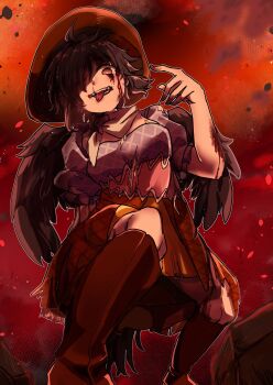 1girl apapo black_hair black_wings blood blood_on_arm blood_on_face boots breasts brown_boots brown_dress brown_hair brown_hat commentary_request cowboy_hat dress feathered_wings frilled_sleeves frills full_body hair_between_eyes hair_over_one_eye hat highres kurokoma_saki looking_at_viewer medium_breasts medium_hair multicolored_dress open_mouth patchwork_clothes purple_dress short_sleeves smile solo teeth tongue tongue_out touhou wings