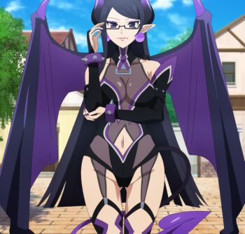 1girl arm_under_breasts black_hair breasts cleavage clothing_cutout demon_girl demon_tail garter_straps glasses highres large_breasts legs leotard lipstick long_hair lv2_kara_cheat_datta_moto_yuusha_kouho_no_mattari_isekai_life makeup navel navel_cutout phufun pink_lips purple_eyes smile solo stitched tail thick_thighs thighs third-party_edit very_long_hair