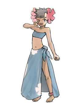 1girl :d ;d anklet bandeau bare_shoulders barefoot blue_bandeau blue_eyes blue_sarong breasts brown_hair byte_(grunty-hag1) commentary_request dark-skinned_female dark_skin flower full_body hair_flower hair_ornament jewelry navel nintendo one_eye_closed open_mouth phoebe_(pokemon) pokemon pokemon_omega_ruby_and_alpha_sapphire sarong short_hair small_breasts smile solo standing stomach teeth upper_teeth_only w white_background