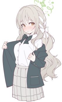 1girl blue_archive blush bow bowtie braid breasts closed_mouth collared_shirt cowboy_shot cropped_legs dress_shirt green_bow green_bowtie green_halo green_jacket grey_hair grey_skirt hair_bow hair_ribbon halo highres jacket looking_at_viewer medium_breasts miniskirt miyo_(blue_archive) pinstripe_bow pinstripe_bowtie pleated_skirt rakugaki_ningen ribbon ribbon_braid school_uniform shirt skirt solo sweatdrop undressing white_bow white_ribbon white_shirt yellow_eyes