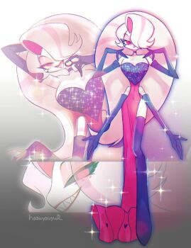 Rule 34 | 1boy, angel dust, black gloves, breasts, commentary, crossdressing, drag queen, dress, elbow gloves, english commentary, gloves, hazbin hotel, hazuyouyu, hellaverse, highres, large breasts, long hair, looking at viewer, pink hair, red dress, side slit, smile, solo, thighs