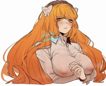 09wave_hb 1girl blush bow breasts brown_hairband collared_shirt covered_erect_nipples freckles green_eyes hair_bow hairband ishmael_(project_moon) large_breasts limbus_company long_hair looking_at_viewer orange_hair project_moon see-through_clothes see-through_shirt shirt sidelocks simple_background solo sweat very_long_hair white_background white_bow white_shirt