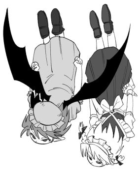 2girls apron bat_wings bow braid clenched_hands dress falling from_behind greyscale hair_bow hat highres izayoi_sakuya looking_ahead maid maid_apron maid_headdress medium_hair mob_cap monochrome multiple_girls piccolo_manhole pointy_ears remilia_scarlet touhou twin_braids upside-down waist_bow wings wrist_cuffs