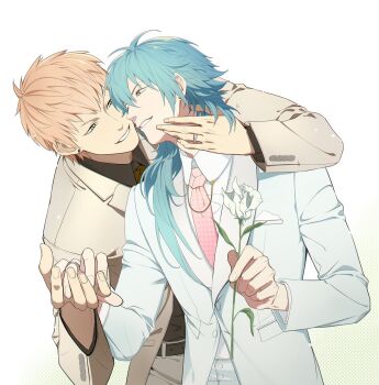 2boys arm_around_neck arms_up belt black_belt black_shirt blonde_hair blue_hair collared_shirt commentary_request dramatical_murder earrings eye_contact flower formal_clothes highres holding holding_flower holding_hands jacket jewelry lapels long_sleeves looking_at_another male_focus miemia multiple_boys noiz_(dramatical_murder) notched_lapels parted_bangs piercing ring seragaki_aoba shirt shirt_tucked_in simple_background smile stud_earrings suit_jacket white_background white_flower white_jacket white_shirt wing_collar yaoi yellow_eyes