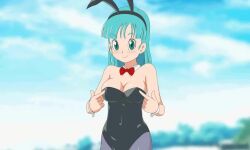 1girl animal_ears animated aqua_hair black_leotard blue_eyes blush bouncing_breasts bow bowtie breasts bulma detached_collar dragon_ball fake_animal_ears female_focus flashing goldmondsel happy highres leotard leotard_pull looking_at_viewer medium_breasts nipples no_bra open_mouth outdoors pantyhose poking rabbit_ears short_hair smile solo tagme thighband_pantyhose video wrist_cuffs