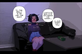 1girl aran_sweater artist_self-insert bare_shoulders black_hair blue_skirt blush breasts brown_eyes cable_knit casting_couch commentary couch dark-skinned_female dark_skin embarrassed english_commentary english_text eyeshadow female_focus hairband halterneck high-waist_skirt highres indoors large_breasts legs_together letterboxed looking_to_the_side makeup meme money nose_blush nyantcha off-shoulder_sweater off_shoulder on_couch pornography_production prostitution real_life semi-rimless_eyewear short_hair sitting skirt solo speech_bubble sweater thick_thighs thighhighs thighs tsona_(nyantcha) under-rim_eyewear white_thighhighs zettai_ryouiki