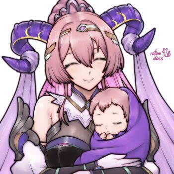 1girl 1other baby bare_shoulders breasts closed_eyes detached_sleeves fire_emblem fire_emblem_heroes goat_horns highres horns large_breasts nerthuz_(fire_emblem) nintendo pink_hair ponytail rotomdocs signature smile upper_body white_background