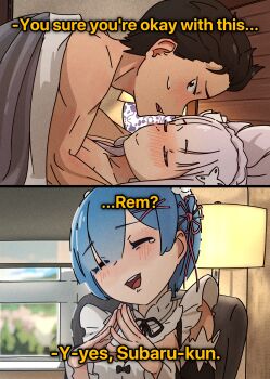 Rule 34 | 1boy, 2girls, absurdres, blue hair, blush, brown hair, closed eyes, closed mouth, commentary, cuck chair (meme), emilia (re:zero), english commentary, english text, highres, implied sex, looking at another, looking to the side, maid, maid headdress, mayngomay, meme, multiple girls, natsuki subaru, netorare, no shirt, open mouth, own hands together, re:zero kara hajimeru isekai seikatsu, rem (re:zero), short hair, subtitled, sweatdrop, talking, tearing up, teeth, under covers, upper body, upper teeth only, white hair