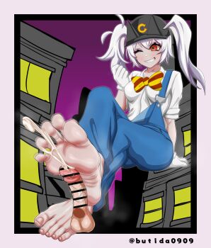 1girl absurdres barefoot blush butida0909 crossed_legs cum ejaculation feet footjob gloves grin hat highres long_hair one_eye_closed overalls red_eyes smile soles steam toes twintails white_gloves white_hair