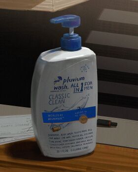 bottle check commentary english_commentary english_text highres lotion_bottle no_humans object_focus original pluvium_grandis shampoo_bottle still_life table