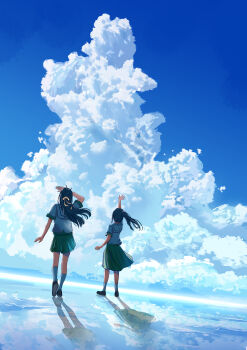 Rule 34 | 2girls, absurdres, arm at side, arm up, black hair, blue sky, cloud, cloudy sky, commentary, day, dutch angle, english commentary, facing away, from behind, full body, green skirt, grey shirt, hair ribbon, highres, horizon, kimigalunar, long hair, miniskirt, multiple girls, original, outdoors, ponytail, reflection, reflective liquid, ribbon, scenery, school uniform, serafuku, shading face, shirt, shoes, short sleeves, skirt, sky, sky focus, socks, standing, summer, summer uniform, walking, water