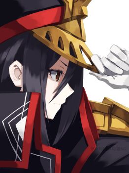 1girl black_hair black_hat commentary from_side gloves hair_between_eyes hat highres looking_ahead morag_ladair_(xenoblade) simple_background solo tsukinaga upper_body visor_(armor) watermark white_background white_gloves xenoblade_chronicles_(series) xenoblade_chronicles_2 yellow_eyes