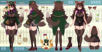 1girl absurdres animal animal_ear_fluff animal_ears ayaoshiro breasts brown_hair coat collar commentary cup drinking_glass earrings english_commentary fur-trimmed_coat fur_trim garter_straps green_coat green_eyes green_hat hat heart highres indie_virtual_youtuber jewelry long_hair multiple_views navel open_clothes open_coat overezeggs_(vtuber) reference_sheet see-through_cleavage see-through_clothes smile tail virtual_youtuber whistle