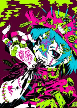 1girl absurdres alternate_color belt bite_mark biting_own_hand blue_hair candle commentary_request earrings guro hair_ornament hairclip hat hat_ornament highres jewelry jiangshi looking_at_viewer miyako_yoshika nehitsuji_(syatihokoga) ofuda outstretched_arms ring ringed_eyes scar scar_across_eye scar_on_face sharp_teeth shirt short_hair short_sleeves smoke solo stitched_arm stitched_fingers stitched_leg stitches teeth touhou