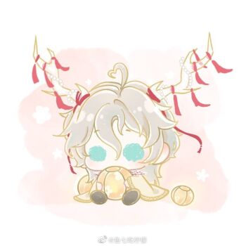 1boy ahoge antenna_hair antler_ribbon antlers aqua_eyes beads black_shirt chibi chinese_commentary collar commentary_request covered_mouth detached_collar floral_background grey_hair hair_between_eyes heart_antenna_hair holding holding_lantern horns lantern light_blush long_hair long_hair_between_eyes long_sleeves luming_(shining_nikki) male_focus nikki_(series) paper_lantern pink_background red_ribbon ribbon shining_nikki shirt sitting solid_oval_eyes solo two-tone_background watermark weibo_watermark white_background white_collar wide_sleeves xiaoyu_qixing yellow_hanfu yunjian