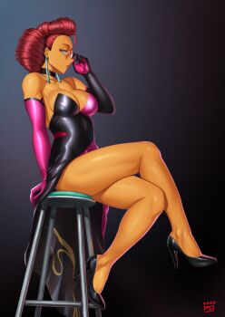 1girl bare_legs black_shoes breasts commentary_request crimson_viper crimson_viper_(sf6_outfit_3) crossed_legs dress earrings finalcake from_side high_heels highres jewelry large_breasts looking_at_viewer monocle official_alternate_costume official_alternate_hairstyle on_stool red_hair shoes sitting solo stool strapless strapless_dress street_fighter street_fighter_6 tassel tassel_earrings