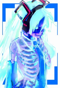 1girl aqua_eyes aqua_hair blue_necktie bone commentary hatsune_miku headset highres long_hair necktie novuuuuuuuuuuuu skeleton skull solo twintails very_long_hair vocaloid