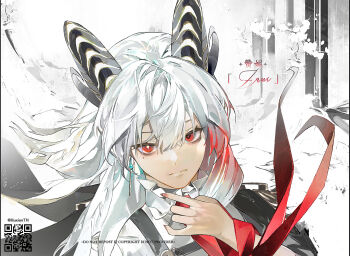 1girl black_horns character_name chest_harness closed_mouth clothes_grab commentary curled_horns earrings fingernails harness hashtag-only_commentary horns illuxionth jewelry key_earrings long_hair looking_at_viewer mismatched_irises multicolored_hair necktie necktie_grab neckwear_grab portrait red_eyes red_necktie shirt solo streaked_hair white_hair white_shirt wuthering_waves zani_(wuthering_waves)