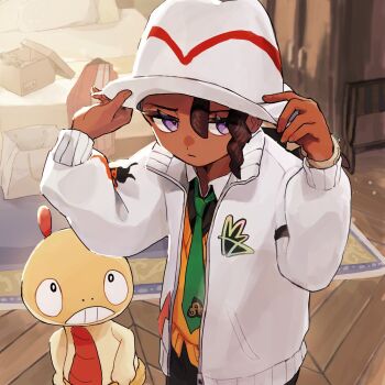 Rule 34 | 1boy, bag, bed, black shirt, box, brown hair, cardboard box, collared shirt, commentary request, contrast collar, dark-skinned male, dark skin, fingernails, floor, gen 5 pokemon, green necktie, hand on headwear, hat, highres, hotel room, indoors, jacket, long sleeves, male focus, mega ring, naveen (pokemon), necktie, nintendo, open clothes, open jacket, orange sweater vest, pokemon, pokemon (creature), pokemon legends: z-a, purple eyes, rug, sakana 625, scraggy, shirt, shopping bag, striped hat, sweater vest, trilby, upper body, white hat, white jacket, wooden floor