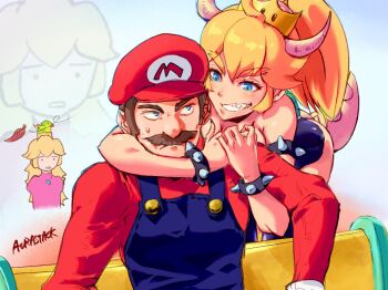 1boy 2girls aurastack bird blonde_hair blue_eyes bowsette bracelet breast_press brown_hair cap crown earrings facial_hair fangs hat horns hug jewelry leaf long_hair mario mario_(series) multiple_girls muscular muscular_male mustache new_super_mario_bros._u_deluxe nintendo overalls princess_peach shell smile spiked_bracelet spikes tail