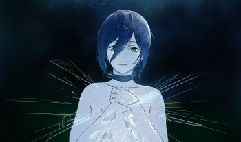 1girl blue_choker blue_hair chainsaw_man choker closed_mouth glass_shards green_eyes grenade_pin hair_between_eyes hands_up highres kamo_(pixiv_14204392) long_hair_between_eyes looking_at_viewer medium_hair revision reze_(chainsaw_man) solo topless_female upper_body