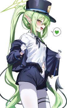 1girl absurdres black_hat black_shorts blue_archive collared_shirt demon_tail earrings fang gloves green_hair halo hat heart highres jacket jewelry long_hair long_sleeves looking_at_viewer navel nozomi_(blue_archive) open_clothes open_jacket open_mouth pantyhose pointy_ears sak_(lemondisk) shirt shorts simple_background smile solo spoken_heart tail white_background white_gloves white_pantyhose white_shirt yellow_eyes