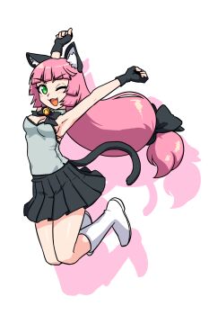 Rule 34 | 1girl, ;d, animal ear fluff, animal ears, arms up, bell, black bow, black gloves, black skirt, boots, bow, breasts, cat ears, cat girl, cat tail, character request, cleavage, clenched hands, commentary request, commission, drop shadow, fangs, fingerless gloves, full body, gloves, green eyes, grey shirt, hair bow, highres, jingle bell, long hair, looking at viewer, low-tied long hair, medium breasts, muu (mumumer), neck bell, one eye closed, open mouth, original, pink hair, pleated skirt, shirt, simple background, skeb commission, skirt, smile, solo, tail, v-shaped eyebrows, very long hair, white background, white boots