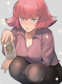 1girl arasa_ol_haman-sama black_pantyhose black_skirt blue_eyes energy_drink gundam haman_karn highres kasumi_(skchkko) looking_at_viewer office_lady pantyhose pink_hair pink_shirt pov shirt skirt solo squatting zeon