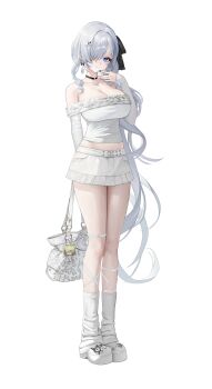 1girl abe_(nikke) absurdres alternate_costume bag bare_shoulders black_choker blue_eyes breasts choker cinderella_(nikke) cleavage commentary detached_sleeves goddess_of_victory:_nikke highres holding holding_bag large_breasts leg_warmers long_hair looking_at_viewer miniskirt simple_background skirt smile solo tank_top very_long_hair white_background white_hair white_leg_warmers white_skirt white_tank_top young99