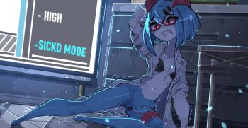 1girl aged_down alternate_color barefoot blue_hair blue_skin bob_cut bottomless breasts colored_skin commission dr._voir_(nanosheep) female_focus full_body gen_3_pokemon glasses hair_ornament hairclip highres indoors kirlia lab_coat multicolored_skin nintendo nude pasties pokemon pokemon_(creature) pussy pussy_juice red-framed_eyewear rolled_up_sleeves semi-rimless_eyewear sex_toy shiny_pokemon shiny_skin short_hair shuuko_(s_h_uuko) sidelocks small_breasts solo spread_legs teeth trembling two-tone_skin uncensored vibrator