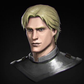 1boy armor black_background blonde_hair blue_eyes chromatic_aberration commentary cropped_shoulders elden_ring english_commentary highres light_smile magenta_sunrise male_focus portrait simple_background solo tarnished_(elden_ring)