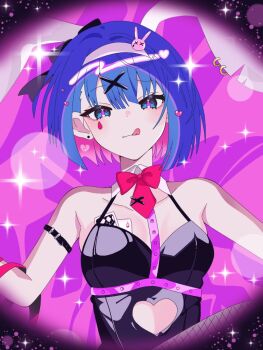 1girl :q ace_(playing_card) ace_of_hearts animal_ear_hairband animal_ears arm_belt bare_shoulders black_bow black_leotard blue_eyes blue_hair blush bob_cut bow bowtie breasts broken_heart card cleavage clothing_cutout collarbone commentary_request cutout_above_navel detached_collar earrings facial_mark fake_animal_ears fishnets hair_bow hair_ornament hairband heart heart_cutout heart_hair_ornament jewelry kanzaki_tsuki kiritani_haruka leotard licking_lips looking_at_viewer mark_under_eye medium_breasts necktie pink_background pink_bow pink_bowtie pink_necktie pink_pupils playboy_bunny playing_card project_sekai purple_background rabbit_ears rabbit_hair_ornament rabbit_hole_(vocaloid) short_hair sidelocks smile solo teardrop_facial_mark tongue tongue_out two-tone_background upper_body white_hairband x_hair_ornament