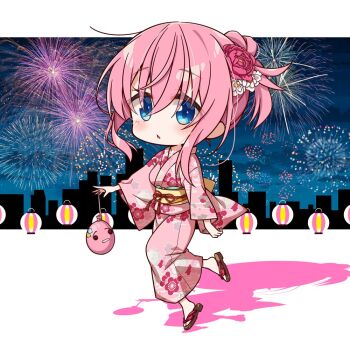 1girl aerial_fireworks alternate_costume alternate_hairstyle blue_eyes blush bocchi_the_rock! breasts chibi chibi_only chika_(06chimika13) commentary_request fireworks flower full_body gotoh_hitori hair_flower hair_ornament japanese_clothes kimono lantern large_breasts long_sleeves looking_at_viewer paper_lantern parted_lips pink_hair pink_kimono sandals shadow short_hair sidelocks solo