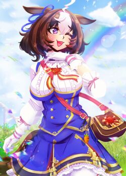 1girl ahoge animal_ears bag between_breasts blue_dress blue_sky blush bow breasts brown_hair cloud double-parted_bangs dress ear_ribbon gloves grass hair_between_eyes hairband headband horse_ears horse_girl horse_tail large_breasts long_sleeves meisho_doto_(turbulent_blue)_(umamusume) meisho_doto_(umamusume) multicolored_hair nyapurrlitan one_eye_closed open_mouth outdoors pantyhose pink_hairband pink_headband purple_eyes rainbow short_hair shoulder_bag sky smile strap_between_breasts tail two-tone_hair umamusume white_dress white_gloves white_hair white_pantyhose