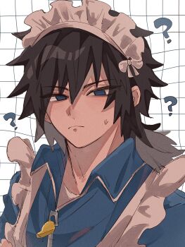 1boy ? alternate_costume apron black_hair blue_jacket closed_mouth empty_eyes hair_between_eyes highres jacket kamaboooco kimetsu_no_yaiba looking_at_viewer low_ponytail maid_headdress male_focus ponytail solo sweatdrop tomioka_giyuu upper_body whistle whistle_around_neck white_apron white_background white_headdress