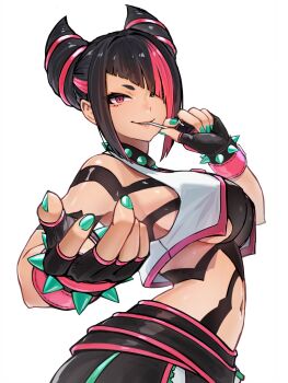1girl ap_cammy beckoning black_gloves black_hair bracelet breasts collar commentary diagonal_bangs fingerless_gloves from_side gloves green_nails hair_horns hair_over_one_eye han_juri highres jewelry large_breasts lollipop_in_mouth looking_at_viewer multicolored_hair navel pink_eyes pink_hair revision short_hair sideboob solo spiked_bracelet spiked_collar spikes street_fighter two-tone_hair white_background
