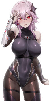 1girl absurdres alternate_costume black_leotard blush breasts commentary commission covered_navel cowboy_shot english_commentary evernight_(honkai:_star_rail) gluteal_fold hair_between_eyes hair_ornament hairclip hand_up highres honkai:_star_rail honkai_(series) large_breasts leotard looking_at_viewer march_7th_(honkai:_star_rail) medium_hair monegi open_mouth pink_hair pixiv_commission red_eyes simple_background solo standing white_background