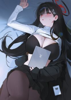 1girl absurdres bad_id bad_twitter_id black_bra black_coat black_hair black_halo black_pantyhose black_skirt blue_archive bra breasts clothes_lift coat commentary daehoak grey_sweater halo highres holding holding_tablet_pc large_breasts long_hair looking_at_viewer lying on_back pantyhose red_eyes rio_(blue_archive) skirt solo sweater sweater_lift tablet_pc turtleneck turtleneck_sweater underwear very_long_hair