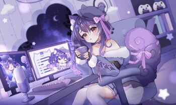 Rule 34 | 1girl, aki hoshino, animal ear fluff, animal ear headwear, animal ears, bare shoulders, bow, cat ears, cat girl, cat rollss, chair, collarbone, commission, computer keyboard, computer mouse, controller, crescent moon, cup, fake animal ears, fingerless gloves, game controller, gloves, hair between eyes, highres, holding, holding cup, indie virtual youtuber, microphone, monitor, moon, multicolored hair, open mouth, pink eyes, purple bow, purple hair, purple ribbon, ribbon, signature, sitting, solo, streaked hair, swivel chair, tail, tail ornament, tail ribbon, thighhighs, virtual youtuber, white hair, white thighhighs