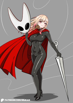 1girl absurdres artist_name black_bodysuit blonde_hair bodysuit breasts cape commentary cosplay covered_navel earrings gradient_hair high_heels highres holding holding_mask holding_weapon hollow_knight hollow_knight:_silksong hornet_(hollow_knight) hornet_(hollow_knight)_(cosplay) i.ruean jewelry kitagawa_marin large_breasts mask multicolored_hair needle_(hollow_knight) patreon_logo patreon_username pink_hair red_cape red_eyes smile solo sono_bisque_doll_wa_koi_wo_suru thread turtleneck turtleneck_bodysuit watermark weapon web_address white_mask