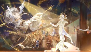 4boys 4girls ascot balloon bare_shoulders bird black_boots black_bow black_bowtie black_choker black_coat black_gloves black_hair black_pants black_shirt black_skirt blue_hat blue_jacket blue_skirt boots bow bowtie chair chinese_commentary choker clockie_(honkai:_star_rail) closed_eyes closed_mouth coat commentary_request conductor_baton dan_heng_(honkai:_star_rail) dan_heng_(hunt)_(honkai:_star_rail) detached_sleeves dove dress earrings feathered_wings formal_clothes glint gloves gold_earrings green_eyes green_jacket grey_hair grey_jacket hair_between_eyes hair_bow halo halo_behind_head hat head_wings highres himeko_(honkai:_star_rail) holding holding_balloon holding_baton honkai:_star_rail honkai_(series) indoors jacket jewelry locked_arms long_hair long_sleeves looking_at_another low_ponytail march_7th_(honkai:_star_rail) march_7th_(preservation)_(honkai:_star_rail) medium_hair misha_(honkai:_star_rail) multiple_boys multiple_girls musical_note musical_staff on_chair open_clothes open_jacket pants parted_lips piercing pink_hair pom-pom_(honkai:_star_rail) ponytail purple_choker purple_hair purple_sleeves qingming_tiaohetu red_hair robin_(honkai:_star_rail) shirt shoes short_hair short_sleeves sitting skirt smile spiked_halo standing stelle_(honkai:_star_rail) strapless strapless_dress sunday_(honkai:_star_rail) sunday_(star_rail_live_2025)_(honkai:_star_rail) tailcoat thigh_strap tied_jacket trailblazer_(honkai:_star_rail) welt_yang white_ascot white_bird white_dress white_gloves white_shirt white_wings wing_piercing wings