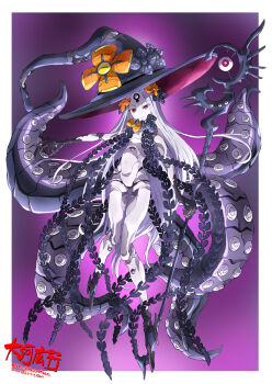 1girl abigail_williams_(fate) abigail_williams_(third_ascension)_(fate) android breasts commentary_request fate/grand_order fate_(series) full_body grey_hair hat highres holding holding_staff joints keyhole long_hair looking_at_viewer mecha_musume mechanization purple_eyes robot_joints small_breasts smile solo staff taiga_hiroyuki tentacles third_eye very_long_hair witch_hat