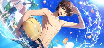 1boy ball belt brown_hair code_geass code_geass:_lost_stories f4samurai game_cg green_eyes happy highres holding holding_ball kururugi_suzaku male_focus official_art one_eye_closed open_mouth smile solo summer summer_uniform teeth
