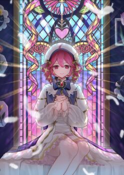 ahoge alternate_costume beret blue_bow blue_bowtie blue_dress bow bowtie brooch church double-parted_bangs dress drill_hair feet_out_of_frame flat_chest gem hair_between_eyes hair_ribbon hat highres interlocked_fingers jewelry kasane_teto long_dress long_sleeves mosaic_art mosaic_pattern own_hands_together red_eyes red_gemstone red_hair ribbon s_s_ke_03 sitting smile stained_glass three-quarter_sleeves twin_drills utau white_dress white_hat window yellow_ribbon