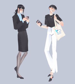 Rule 34 | 1girl, absurdres, alternate costume, bag, black jacket, black pantyhose, black shirt, black skirt, blouse, blue shirt, collared shirt, contrapposto, full body, genderswap, genderswap (mtf), hair bun, high heels, highres, holding, holding phone, jacket, jewelry, kdj143637, kim dokja, looking to the side, multiple girls, multiple views, necklace, omniscient reader's viewpoint, pantyhose, phone, shirt, short hair, shoulder bag, sidelocks, skirt, solo, standing, standing on one leg, t-shirt, tote bag