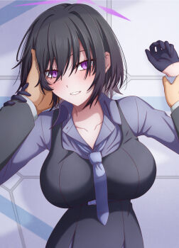 1boy 1girl black_dress black_gloves black_hair blue_archive blush breasts collarbone collared_shirt commentary_request dress dress_over_shirt gloves half_gloves halo hand_in_another&#039;s_hair hasebe_akira holding_another&#039;s_wrist large_breasts looking_at_viewer loose_necktie necktie open_collar parted_lips pov pov_hands purple_eyes purple_halo purple_necktie purple_shirt sensei_(blue_archive) shirt short_hair subaru_(blue_archive)