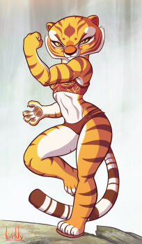 1girl :3 animal_ears animal_feet animal_hands animal_nose arm_up artist_name bare_shoulders bikini birchly body_fur breasts brown_bikini brown_fur claws clenched_hand closed_mouth colored_sclera day feet female_focus flexing floral_print forehead furry furry_female hand_up happy highres kung_fu_panda leg_up legs looking_at_viewer multicolored_fur navel orange_eyes outdoors pawpads red_sandals sandals signature small_breasts smile solo standing standing_on_one_leg stomach striped_fur striped_tail swimsuit tail thighs tiger_ears tiger_girl tiger_tail tigress_(kung_fu_panda) toes toned water waterfall white_fur yellow_fur yellow_sclera